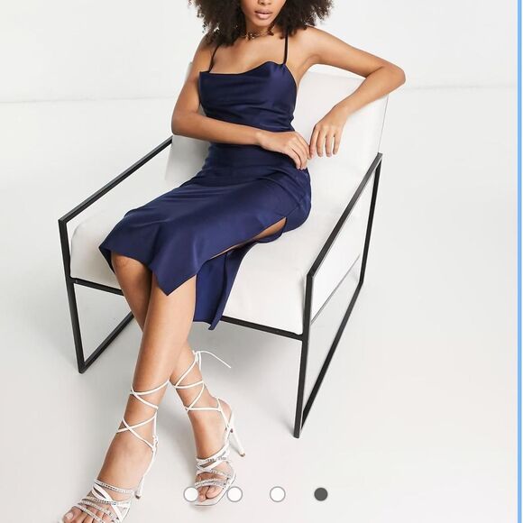 ASOS Design satin cami midi slip dress in navy. - Picture 4 of 6